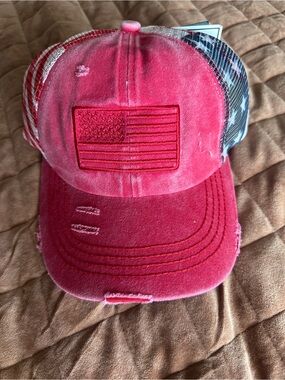 C.C Pink Distressed Trucker Hat with Embroidered Flag Patch